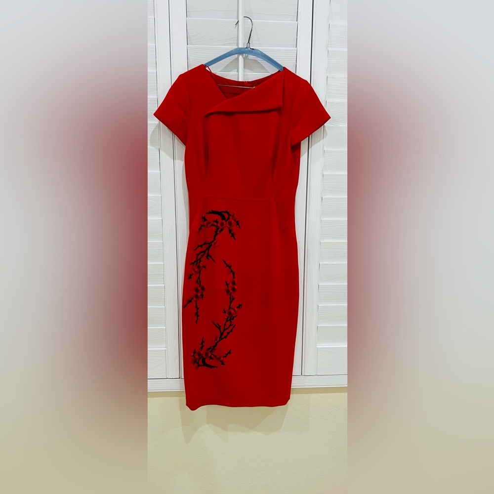 LK Bennett Red Dress with Black Floral Detail
